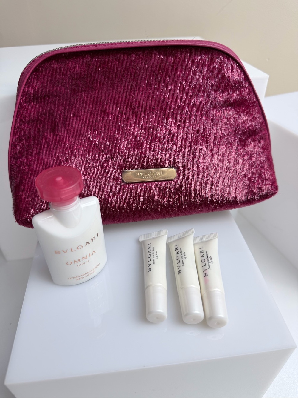 Bvlgari Parfums Bag with 3 Lip Balms & Omnia Coral Body Lotion